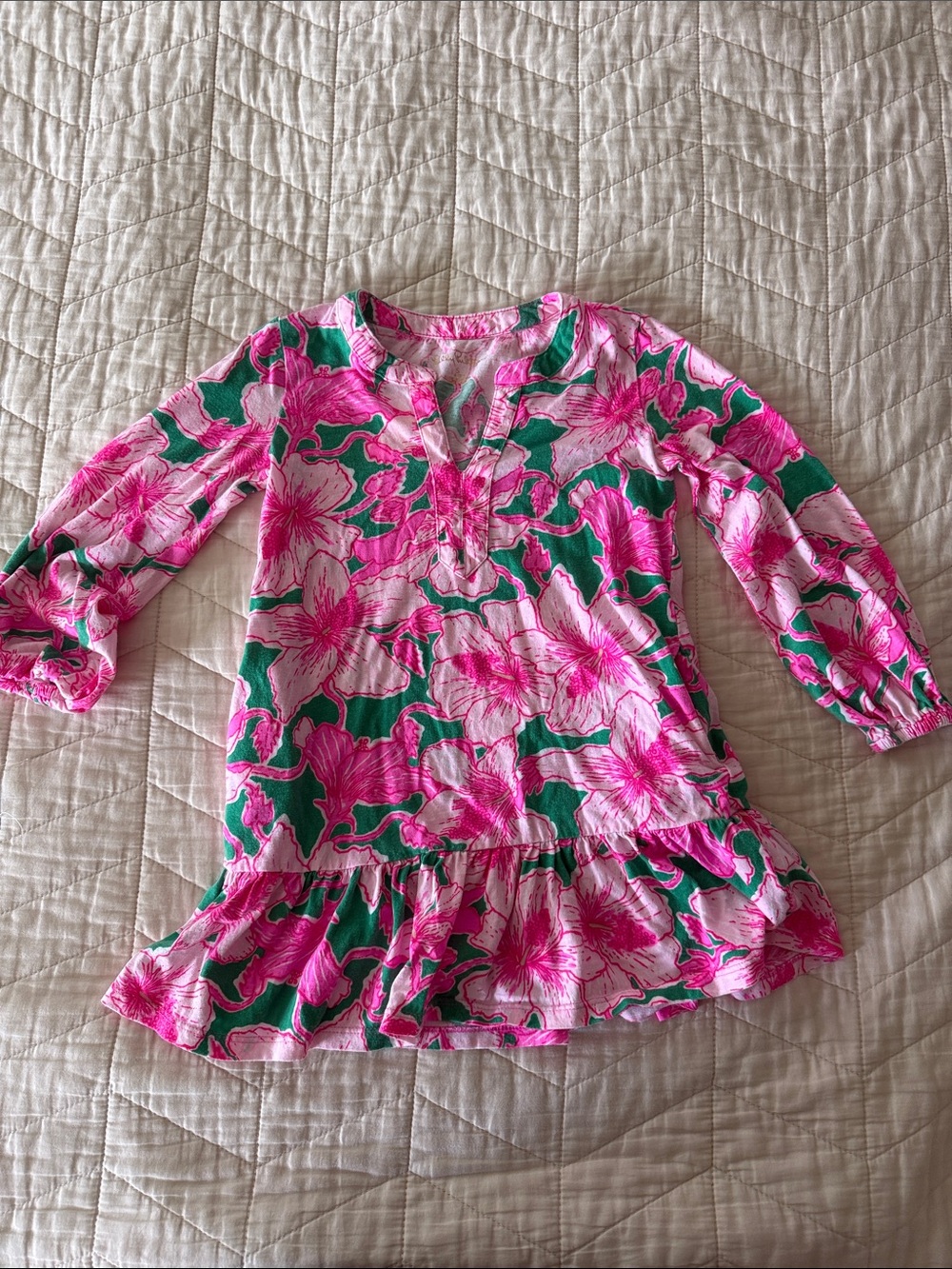 Lilly Pulitzer Girls' Pink & Green Floral Ruffle Hem Tunic Top - size 4/5